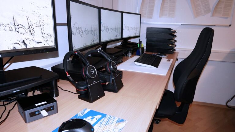 Arbeitsplatz mit mehreren Bildschirmen und Headsets für die Anrufbearbeitung